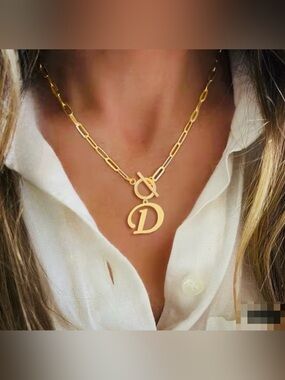 Gold-plated paperclip chain necklace with an initial 'D' pendant. New. Free Ship